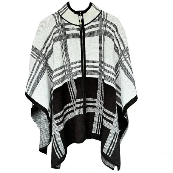 NWT Anne Klein Plaid Zip Front Poncho Sweater Black & White Womens size L - Picture 1 of 5